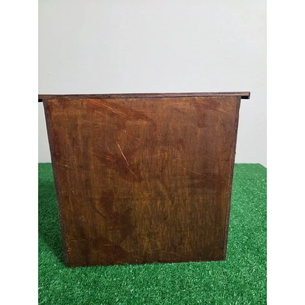 Vintage Wooden Desktop Organizer 4-Drawer Cabinet with Woven Bamboo & Rattan Pa